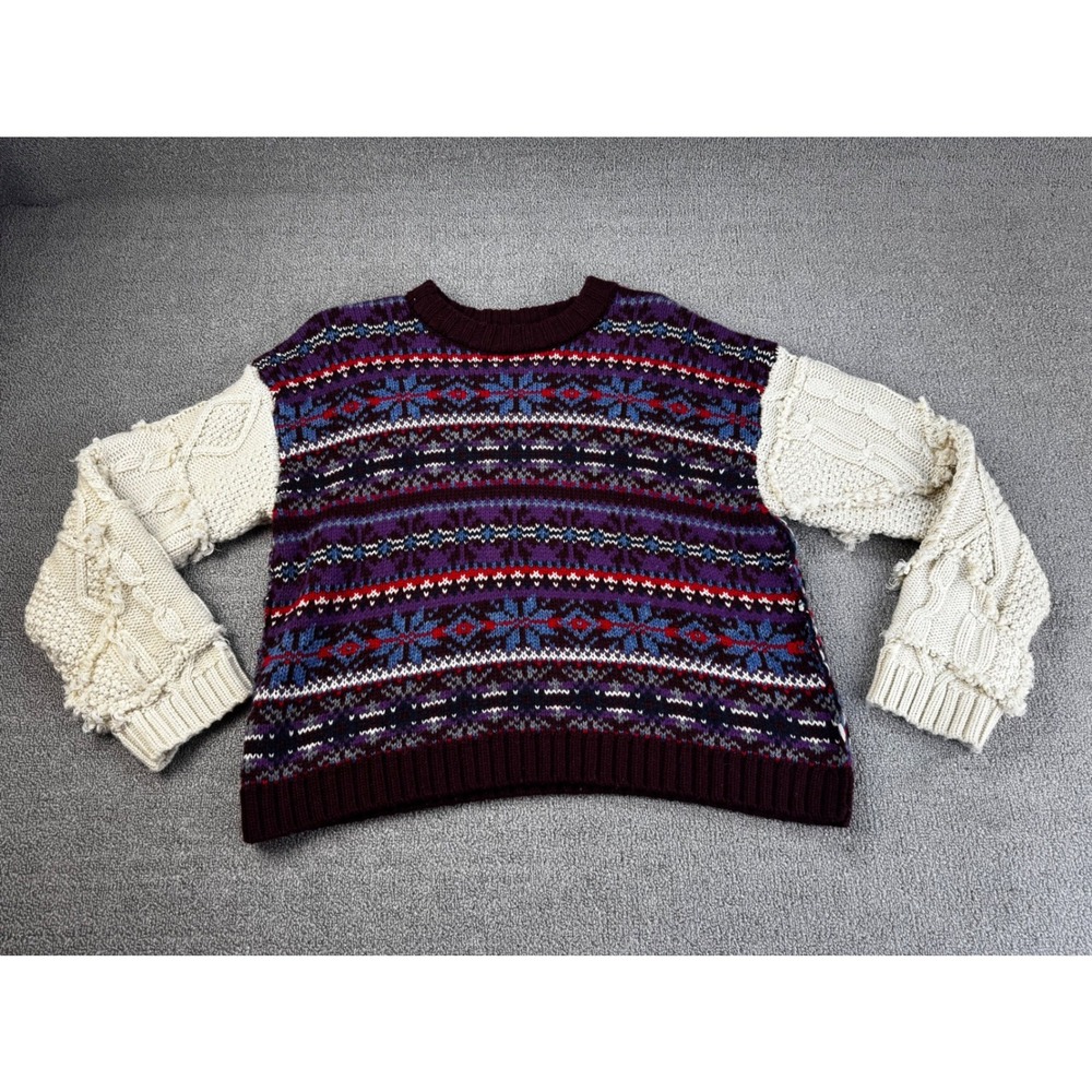 Zara Sweater Womens Medium Purple Mixed Knit Fair Isle Cable Sleeve Fall Winter